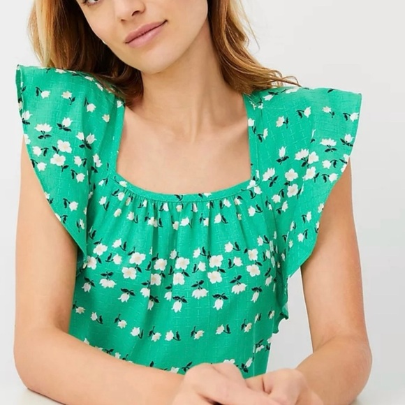 Ann Taylor Floral Chain Square Neck Ruffle Sleeve Top Size Mp - Picture 2 of 9
